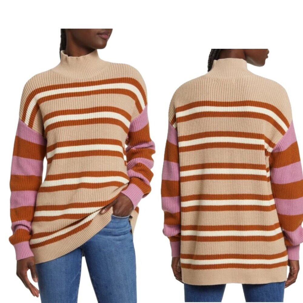 Treasure & Bond Mixed Stripe Mock Neck Sweater Tan Size XS NWOT $79 MSRP